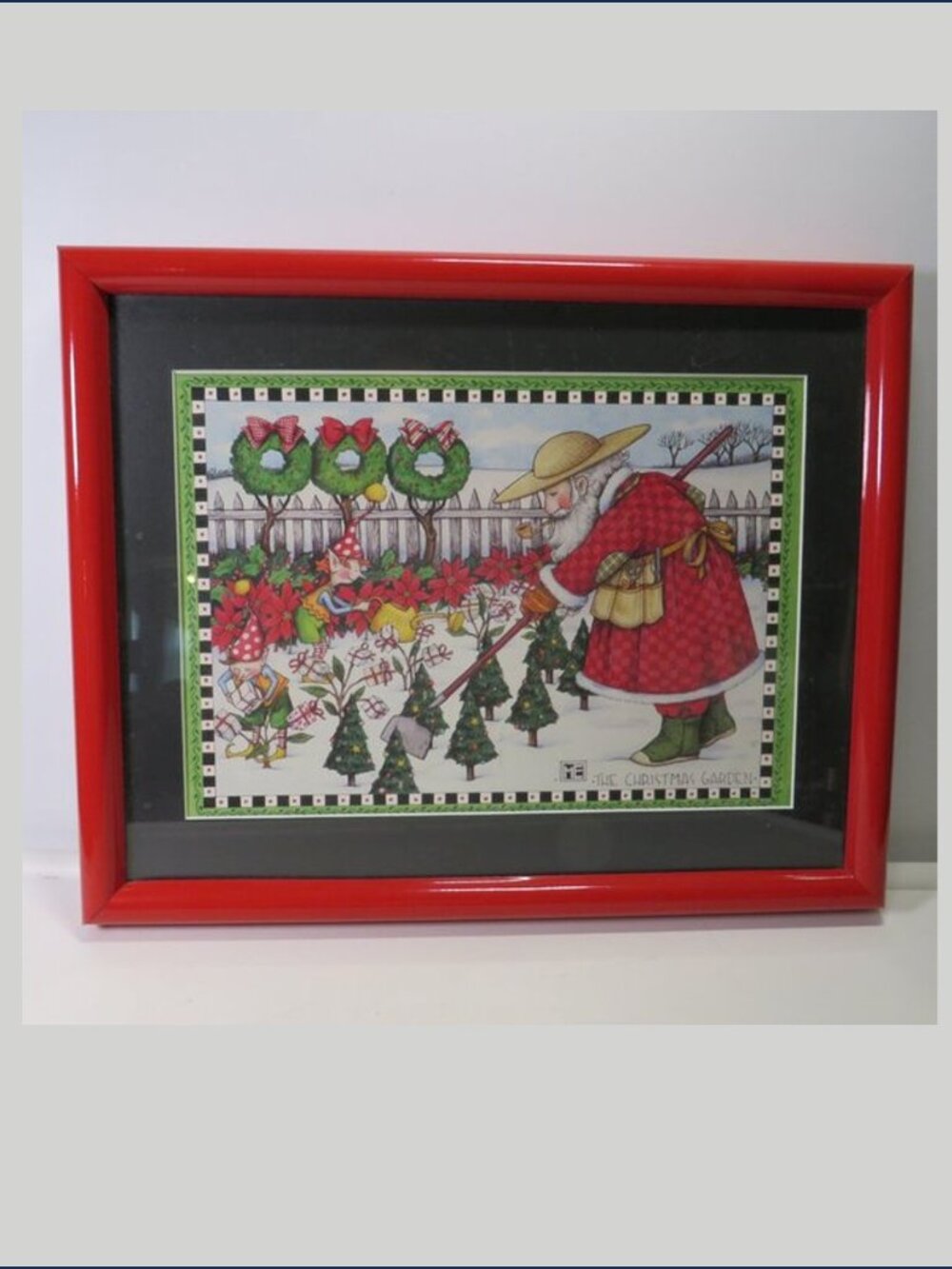 Mary Engelbreit Framed Print Christmas Gardening Santa Elves Red Frame Whimsy